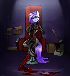 Size: 4247x4599 | Tagged: grimdark, suggestive, artist:tenenbris, derpibooru import, oc, oc:bottom out, anthro, axe, blood, chair, grin, gun, image, latex, latex suit, png, smiling, smug, weapon