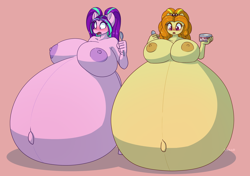 Size: 3056x2160 | Tagged: questionable, artist:puetsua, derpibooru import, adagio dazzle, aria blaze, anthro, earth pony, human, pony, unguligrade anthro, adagio preggo, areola, belly, belly button, belly expansion, belly on floor, big belly, big breasts, blushing, breasts, busty adagio dazzle, busty aria blaze, duo, duo female, eating, expansion, female, fun paste, growth, huge belly, huge breasts, humanized, hyper, hyper belly, hyper pregnancy, image, impossibly large belly, impossibly large breasts, looking down, nipples, nudity, open mouth, outie belly button, png, pregdagio, pregnant, rapid pregnancy, shocked, shocked expression, shrunken pupils, simple background, spoon