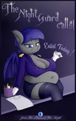Size: 3240x5162 | Tagged: suggestive, artist:andesblorps, derpibooru import, oc, oc:midnight blossom, unofficial characters only, anthro, bat pony, bat pony oc, bat wings, belly, big belly, big breasts, breasts, chubby, cleavage, clothes, fat, high res, image, muffin top, night guard, pinup, png, shirt, skirt, socks, socks (coat marking), stockings, thigh highs, thighs, thunder thighs, uniform, wings