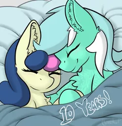 Size: 990x1028 | Tagged: safe, artist:llametsul, derpibooru import, bon bon, lyra heartstrings, sweetie drops, earth pony, pony, unicorn, bed, blushing, chest fluff, couple, cuddling, ear fluff, eyes closed, female, happy birthday mlp:fim, holding hooves, image, lesbian, lyrabon, mlp fim's tenth anniversary, png, shipping, signature, smiling, snuggling