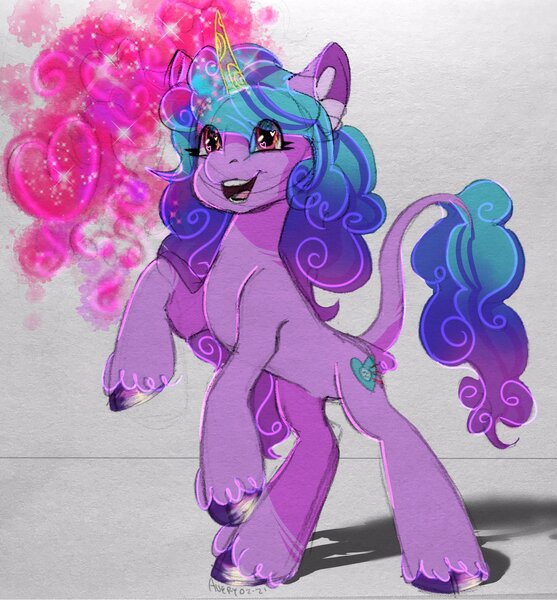 Size: 1902x2048 | Tagged: safe, artist:bonegotchi, derpibooru import, izzy moonbow, pony, unicorn, ear fluff, female, g5, glowing horn, heart, horn, image, jpeg, leonine tail, mare, open mouth, raised hoof, solo, tail, unshorn fetlocks