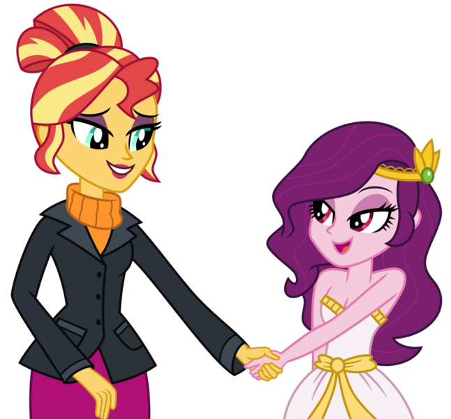 Size: 1024x951 | Tagged: safe, artist:emeraldblast63, derpibooru import, pipp petals, sunset shimmer, equestria girls, the last problem, bare shoulders, clothes, dress, duo, duo female, equestria girls-ified, female, future, g5, g5 to equestria girls, g5 to g4, greek, grin, holding hands, image, looking at each other, older, older sunset, open mouth, png, principal shimmer, simple background, sleeveless, smiling, strapless, teeth, transparent background, vector