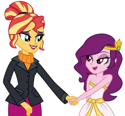 Size: 1024x951 | Tagged: safe, artist:emeraldblast63, derpibooru import, pipp petals, sunset shimmer, equestria girls, the last problem, bare shoulders, clothes, dress, duo, duo female, equestria girls-ified, female, future, g5, g5 to equestria girls, g5 to g4, greek, grin, holding hands, image, looking at each other, older, older sunset, open mouth, png, principal shimmer, simple background, sleeveless, smiling, strapless, teeth, transparent background, vector