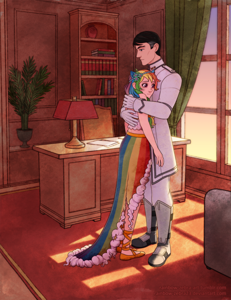 Size: 1800x2340 | Tagged: safe, artist:rainbow-zebra23, derpibooru import, rainbow dash, human, fanfic:sapr, equestria girls, blood, book, bookshelf, boots, bridesmaid dress, clothes, crossover, dress, eared humanization, evening, fanfic art, faunus, hug, humanized, image, james ironwood, lamp, military, office, plant, png, puffy cheeks, rwby, shadow, shoes, story included, torn clothes, uniform, violet eyes