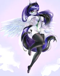 Size: 1030x1308 | Tagged: suggestive, artist:haokan, derpibooru import, oc, oc:sweet blasphemy, anthro, pegasus, plantigrade anthro, pony, breasts, clothes, commission, cute, erect nipples, female, flying, image, looking at you, mare, nipples, nudity, png, see-through, sexy, sky, smiling, smiling at you, socks, solo, solo female, stockings, suit, swimsuit, thigh highs, wings, ych result