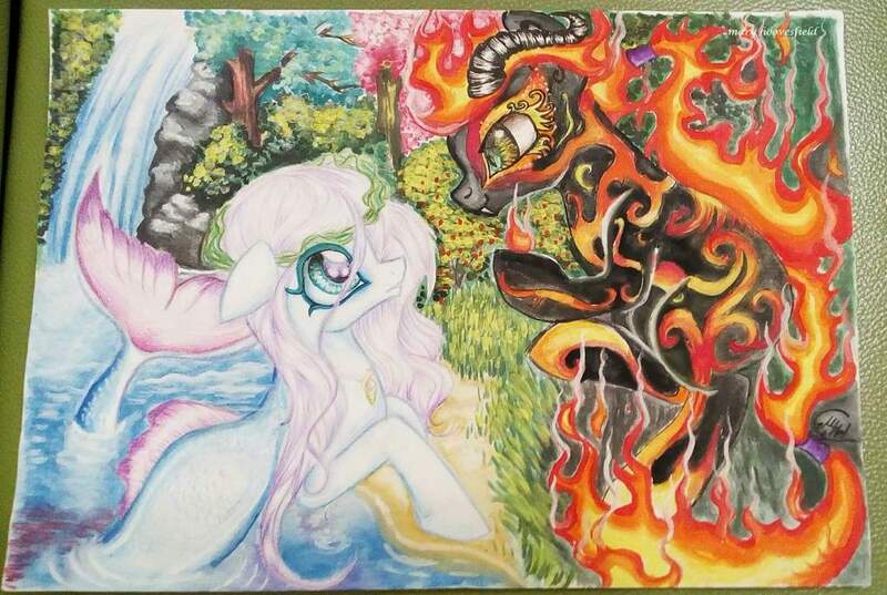 Size: 1024x687 | Tagged: safe, artist:maryhoovesfield, derpibooru import, oc, unofficial characters only, original species, duo, fire, horns, image, jpeg, looking at each other, outdoors, traditional art, waterfall