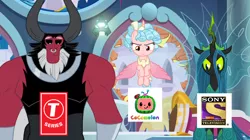 Size: 1442x808 | Tagged: safe, derpibooru import, edit, edited screencap, screencap, cozy glow, lord tirek, queen chrysalis, alicorn, centaur, changeling, changeling queen, pony, the ending of the end, alicornified, bell, cocomelon, cozycorn, female, filly, grogar's bell, image, legion of doom, male, png, race swap, set india, sony, t-series, ultimate chrysalis