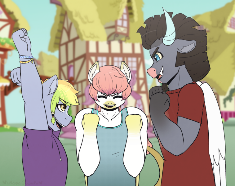 Size: 2524x1998 | Tagged: safe, artist:hahyh, derpibooru import, oc, oc:chaos rain, oc:cheer lily, oc:lemon quartz, unofficial characters only, anthro, image, magical gay spawn, magical lesbian spawn, male, next generation, offspring, parent:discord, parent:fluttershy, parent:iron will, parent:limestone pie, parent:pinkie pie, parent:rainbow dash, parents:flutterpie, parents:ironcord, parents:limedash, png, ponyville, trio