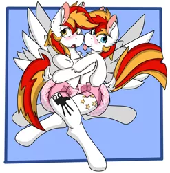 Size: 4531x4581 | Tagged: suggestive, artist:cuddlelamb, derpibooru import, oc, oc:cuddlelamb, oc:final cut, unofficial characters only, pegasus, pony, :o, :p, blushing, cuddling, diaper, diaper fetish, dock, ear fluff, elbow fluff, fetish, hug, image, non-baby in diaper, open mouth, pegasus oc, png, poofy diaper, shoulder fluff, shy, spread wings, tongue out, wings