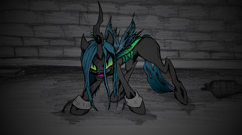 Size: 2481x1381 | Tagged: semi-grimdark, artist:backgrounds-ponies, derpibooru import, queen chrysalis, changeling, changeling queen, angry, chains, crown, female, image, jewelry, looking at you, png, regalia, solo