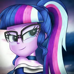Size: 2500x2500 | Tagged: safe, artist:aryatheeditor, derpibooru import, sci-twi, twilight sparkle, equestria girls, accessories, bare shoulders, beautiful, bedroom eyes, breasts, bust, clothes, digital art, dress, element of magic, female, geode of telekinesis, glasses, heterochromia, image, jpeg, looking up, magical geodes, nerd, outfit, photo, powerful sparkle, sleeveless, sleeveless turtleneck, solo