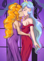 Size: 1401x1920 | Tagged: source needed, suggestive, artist:thebrokencog, derpibooru import, adagio dazzle, princess celestia, human, equestria girls, breasts, busty adagio dazzle, busty princess celestia, clothes, commission, dazzlestia, dress, female, females only, humanized, image, imminent kissing, kissing, lesbian, png, seductive, shipping