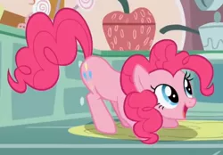 Size: 887x616 | Tagged: safe, derpibooru import, screencap, pinkie pie, pony, call of the cutie, ass, bent over, butt, cupcake song, cute, diapinkes, female, happy, image, jpeg, mare, open mouth, plot, smiling