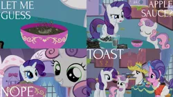 Size: 2000x1125 | Tagged: safe, derpibooru import, edit, edited screencap, editor:quoterific, screencap, cookie crumbles, hondo flanks, rarity, sweetie belle, pony, unicorn, sisterhooves social, cooking, eyes closed, female, food, hat, image, liquid toast, male, open mouth, png, sweetie belle can't cook, sweetie fail, teeth