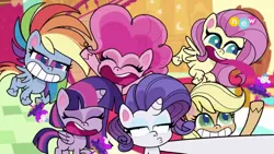 Size: 1280x720 | Tagged: safe, derpibooru import, screencap, applejack, fluttershy, pinkie pie, rainbow dash, rarity, twilight sparkle, alicorn, earth pony, pegasus, pony, unicorn, my little pony: pony life, spoiler:pony life s02e09, eyes closed, female, flying, happy, image, mane six, mare, png, time after time capsule, tongue out