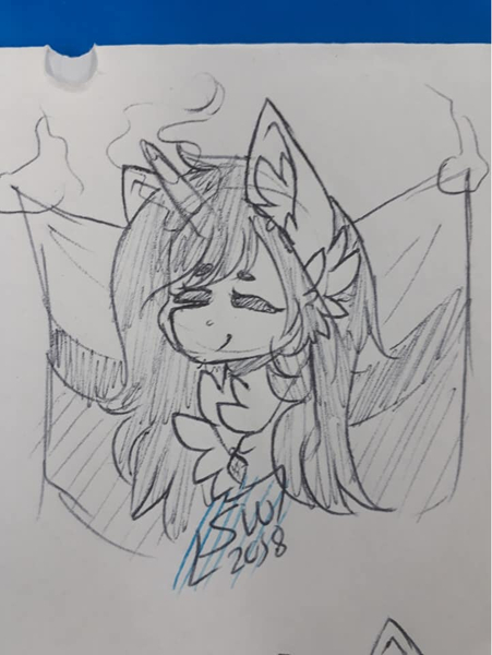 Size: 721x960 | Tagged: safe, artist:silentwolf-oficial, derpibooru import, oc, unofficial characters only, pony, unicorn, bust, chest fluff, ear fluff, eyes closed, horn, image, jewelry, jpeg, lineart, necklace, signature, smiling, traditional art, unicorn oc