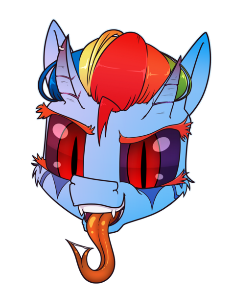 Size: 794x1000 | Tagged: safe, alternate version, artist:dacaoo, derpibooru import, rainbow dash, demon, demon pony, original species, black sclera, drool, drool string, fangs, forked tongue, gray background, head only, horn, horn piercing, horns, image, long tongue, piercing, png, simple background, slit eyes, species swap, tongue out, transparent background