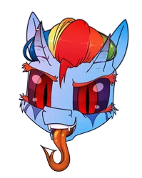 Size: 794x1000 | Tagged: safe, alternate version, artist:dacaoo, derpibooru import, rainbow dash, demon, demon pony, original species, black sclera, drool, drool string, fangs, forked tongue, gray background, head only, horn, horn piercing, horns, image, long tongue, piercing, png, simple background, slit eyes, species swap, tongue out, transparent background