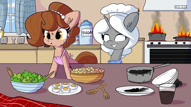 Size: 2048x1155 | Tagged: safe, artist:tjpones, derpibooru import, oc, oc:brownie bun, oc:clair, unofficial characters only, earth pony, pony, unicorn, apron, blank eyes, burnt, chef's hat, clothes, commission, deviled eggs, duo, egg, female, fire, food, hat, image, jpeg, kitchen, mare, pasta, salad, smiling, smoke