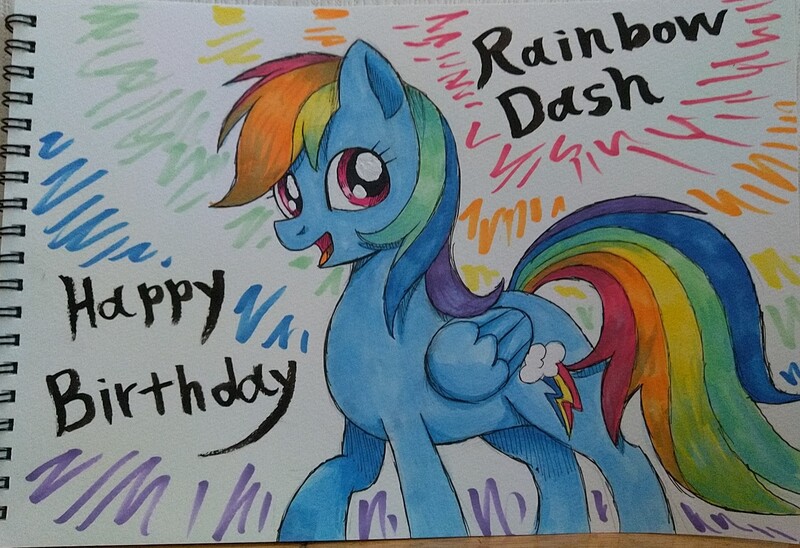 Size: 1577x1080 | Tagged: safe, artist:namaenonaipony, derpibooru import, rainbow dash, pegasus, pony, backwards cutie mark, happy birthday, image, jpeg, rainbow dash day, rainbow dash's birthday, solo, traditional art