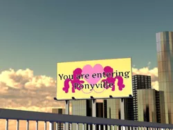 Size: 400x300 | Tagged: safe, derpibooru import, billboard, caption, city, image, png, ponyville, ponyville flag, text