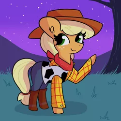Size: 3000x3000 | Tagged: safe, artist:tjpones, derpibooru import, applejack, earth pony, pony, boots, clothes, costume, cowboy boots, female, halloween, halloween costume, high res, holiday, image, mare, neckerchief, night, plaid shirt, png, shirt, shoes, solo, toy story, vest, waving, woody