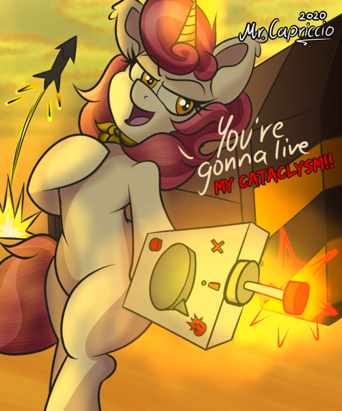 Size: 3000x3600 | Tagged: safe, artist:mrcapriccio, derpibooru import, oc, oc:dolce spiaro, pony, unicorn, action pose, controller, danger, dialogue, explosion, female, high res, image, looking at you, png, rocket, sexy, solo, spy, talking to viewer