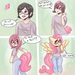 Size: 800x800 | Tagged: safe, artist:valeria_fills, derpibooru import, fluttershy, butterfly, human, insect, pegasus, pony, semi-anthro, black hair, clothes, female, glasses, help me, human to pony, image, jeans, magic, male, mare, pants, png, shirt, solo, surprised, t-shirt, transformation, transgender transformation