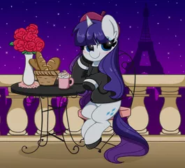 Size: 3200x2900 | Tagged: safe, artist:kittyrosie, derpibooru import, rarity, pony, unicorn, beatnik rarity, beret, clothes, digital art, eiffel tower, female, france, hat, image, jpeg, mare, paris, sitting, smiling, solo, sweater