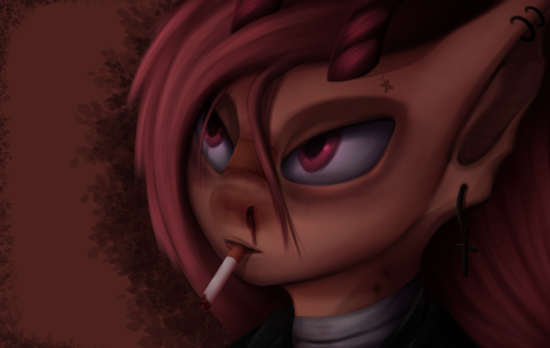 Size: 1208x765 | Tagged: semi-grimdark, artist:batsdisaster, derpibooru import, fluttershy, pony, vampire, vampony, bandaid, bat ears, blood, bruised, bust, cigarette, clothes, female, horns, image, looking up, mare, nosebleed, piercing, png, portrait, red eyes, smoking, solo