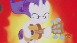 Size: 640x360 | Tagged: safe, derpibooru import, edit, edited screencap, screencap, rarity, pony, unicorn, honest apple, animated, bipedal, dexterous hooves, female, guitar, guitarity, image, mare, metal, metal as fuck, music, musical instrument, running in the 90s, solo, treehouse logo, webm, youtube, youtube link