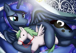 Size: 1024x724 | Tagged: safe, artist:neoshrek, derpibooru import, princess luna, alicorn, pony, bed, female, image, jpeg, reins, solo, toy