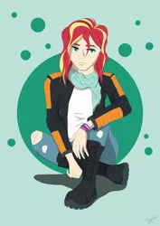 Size: 3508x4961 | Tagged: safe, artist:shyinka, derpibooru import, sunset shimmer, human, equestria girls, alternate design, boots, clothes, combat boots, human coloration, image, jacket, jeans, leather jacket, pants, png, ripped jeans, ripped pants, scarf, shoes, sitting, solo, torn clothes