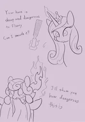Size: 1442x2048 | Tagged: safe, artist:noupu, derpibooru import, princess cadance, princess flurry heart, queen chrysalis, alicorn, changeling, pony, baby, baby pony, bust, cute, dialogue, female, glowing horn, horn, image, jpeg, mare, monochrome