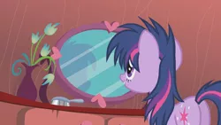 Size: 1920x1080 | Tagged: safe, derpibooru import, screencap, twilight sparkle, pony, unicorn, bridle gossip, bed mane, brush, brushie, brushing, butt, female, image, mare, messy mane, mirror, plot, png, reflection, solo, twibutt, unicorn twilight