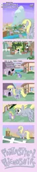 Size: 1500x6877 | Tagged: safe, artist:dinkyuniverse, derpibooru import, alula, cloud kicker, cotton cloudy, derpy hooves, linky, pluto, roseluck, sea swirl, seafoam, shoeshine, earth pony, pegasus, pony, unicorn, comic:fantastical friendships, airship, background pony, bubble butt, butt, comic, eyes closed, female, filly, flower, flying, happy, house, image, mare, morning, mountain, music notes, plot, png, ponyville, siblings, sisters, whistling
