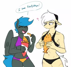 Size: 1430x1364 | Tagged: safe, artist:redxbacon, derpibooru import, oc, oc:jade shine, oc:note clip, unofficial characters only, anthro, bikini, british, clothes, female, fish & chips, food, image, jpeg, midriff, swimsuit