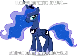 Size: 1045x765 | Tagged: safe, artist:dashiesparkle, derpibooru import, edit, princess luna, alicorn, pony, caption, image, image macro, imminent tickles, implied tickling, looking at you, meme, png, simple background, smiling, smirk, solo, text, this will end in tickles, tickling, transparent background