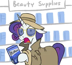 Size: 834x755 | Tagged: safe, artist:jargon scott, derpibooru import, rarity, pony, caught, clothes, disguise, ear down, glasses, hat, hoof hold, image, incognito, looking at you, open mouth, png, trenchcoat, wide eyes