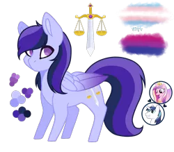 Size: 1200x1053 | Tagged: safe, artist:magicuniclaws, derpibooru import, princess cadance, shining armor, oc, oc:eurydice, pegasus, pony, bisexual, bisexual pride flag, female, image, offspring, parent:princess cadance, parent:shining armor, parents:shiningcadance, png, pride, pride flag, reference sheet, simple background, teenager, transgender, transgender pride flag, transparent background