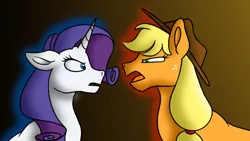 Size: 1280x720 | Tagged: safe, artist:bellbell123, derpibooru import, applejack, rarity, earth pony, pony, unicorn, angry, applejack's hat, brown background, cowboy hat, duo, female, fight, freckles, hat, image, looking at each other, mare, open mouth, png, simple background