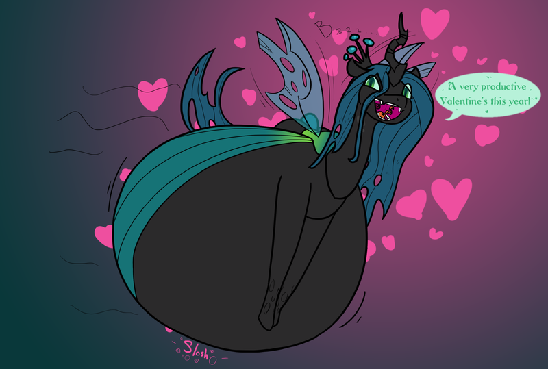 Size: 2192x1476 | Tagged: questionable, artist:queenfrau, derpibooru import, queen chrysalis, changeling, changeling queen, belly, big belly, changeling overfeeding, fat, female, flying, happy, heart, hearts and hooves day, holiday, huge belly, image, impossibly large belly, inflation, large belly, onomatopoeia, open mouth, png, queen chrysalard, solo, solo female, stuffed, valentine's day