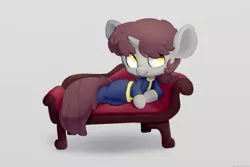 Size: 1280x853 | Tagged: safe, artist:swerve-art, derpibooru import, oc, oc:silver bubbles, unofficial characters only, pony, unicorn, coveralls, draw me like one of your french girls, fainting couch, furniture, image, jpeg, lying down, male, reclining, side, solo, tongue out, work clothes