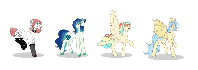 Size: 4995x1765 | Tagged: safe, artist:zarinaroseyt, derpibooru import, oc, oc:dreamy daze, oc:seamist serenade, oc:summer tides, unofficial characters only, bat pony, earth pony, pegasus, pony, clothes, female, image, mare, png, simple background, socks, transparent background