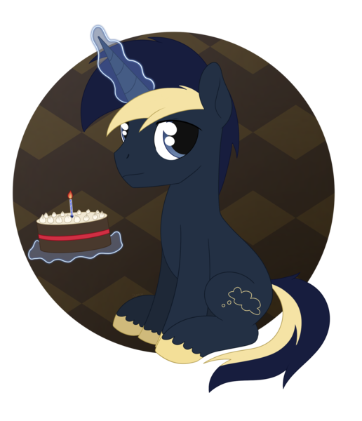 Size: 2207x2566 | Tagged: safe, artist:dyonys, derpibooru import, oc, pony, birthday cake, cake, food, image, magic, male, png, simple background, sitting, stallion, transparent background