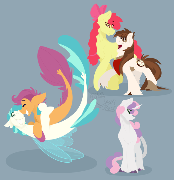 Size: 2406x2493 | Tagged: safe, artist:cyanreef, derpibooru import, apple bloom, pipsqueak, scootaloo, sweetie belle, terramar, classical unicorn, earth pony, pony, seapony (g4), unicorn, cloven hooves, cutie mark crusaders, eyes closed, female, hug, image, leonine tail, male, older, older apple bloom, older cmc, older pipsqueak, older scootaloo, older sweetie belle, pipbloom, png, seaponified, seapony scootaloo, shipping, single, smiling, species swap, straight, terraloo, unshorn fetlocks