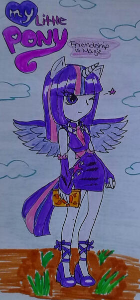 Size: 845x1805 | Tagged: safe, artist:amyrosexshadowlover, derpibooru import, twilight sparkle, alicorn, human, alicorn humanization, boots, clothes, cloud, female, horn, horned humanization, humanized, image, jpeg, one eye closed, outdoors, shoes, skirt, solo, traditional art, twilight sparkle (alicorn), winged humanization, wings, wink