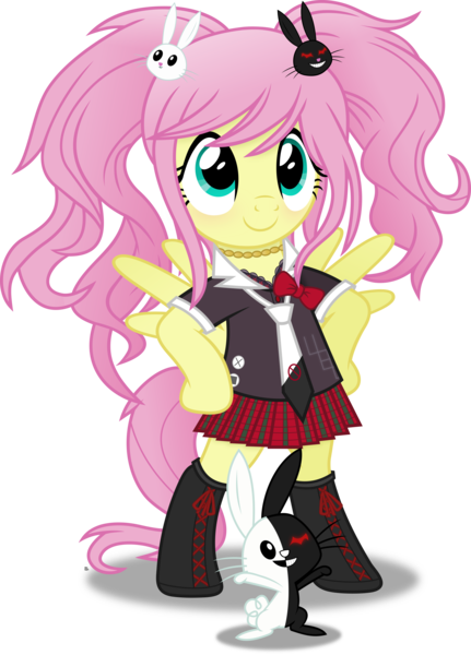 Size: 4016x5593 | Tagged: safe, artist:anime-equestria, derpibooru import, angel bunny, fluttershy, pegasus, pony, rabbit, alternate hairstyle, angel is a bunny bastard, animal, bipedal, boots, bow, clothes, crossover, cute, danganronpa, duality, female, hairpin, image, jewelry, junko enoshima, mare, monokuma, necklace, necktie, pigtails, png, shirt, shoes, shyabetes, simple background, skirt, smiling, solo, standing, transparent background, vector, wings