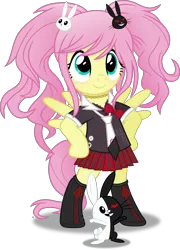 Size: 4016x5593 | Tagged: safe, artist:anime-equestria, derpibooru import, angel bunny, fluttershy, pegasus, pony, rabbit, alternate hairstyle, angel is a bunny bastard, animal, bipedal, boots, bow, clothes, crossover, cute, danganronpa, duality, female, hairpin, image, jewelry, junko enoshima, mare, monokuma, necklace, necktie, pigtails, png, shirt, shoes, shyabetes, simple background, skirt, smiling, solo, standing, transparent background, vector, wings