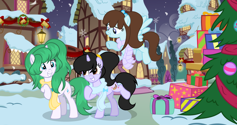 Size: 2844x1500 | Tagged: safe, artist:stellamoonshine, derpibooru import, oc, oc:cotton star, oc:diana paintbrush, pegasus, pony, unicorn, christmas, christmas tree, clothes, female, holiday, image, mare, png, scarf, snow, tree